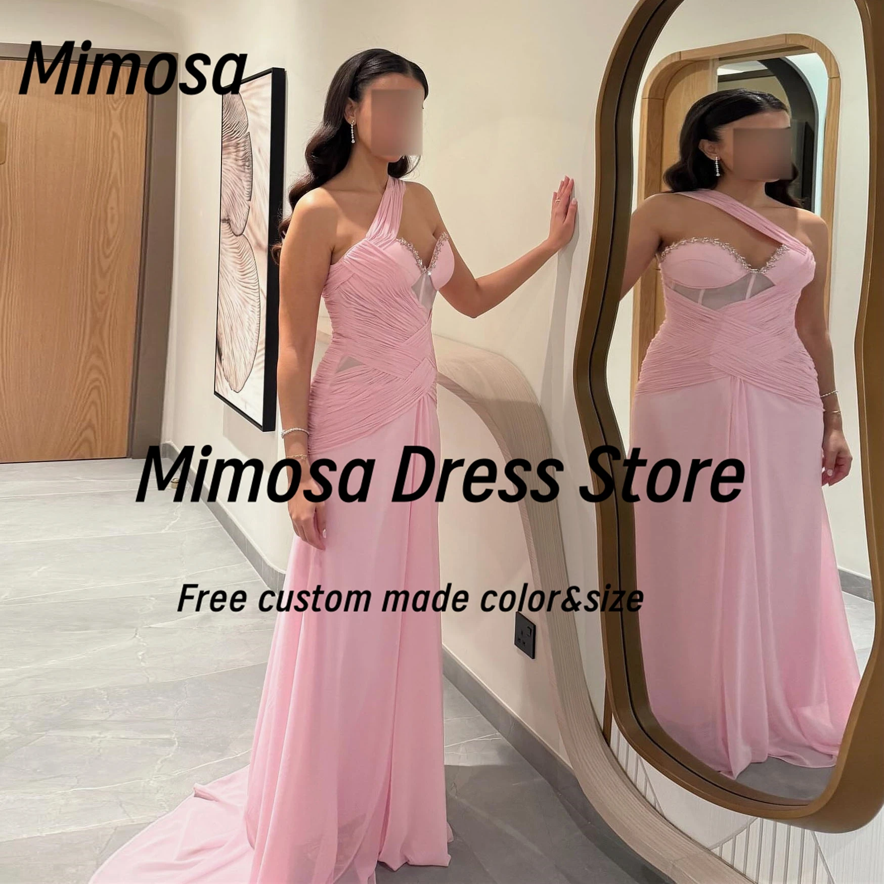 

Mimosa Prom Dresses Beaded Sweetheart One Shoulder Evening Dress Zipper Back Ruched Chiffon Saudi Party Gowns Customized