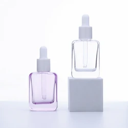 12pcs 30ml Clear Purple Square Rectangle Glass Essential Oil Dropper Bottle With Dropper Lid