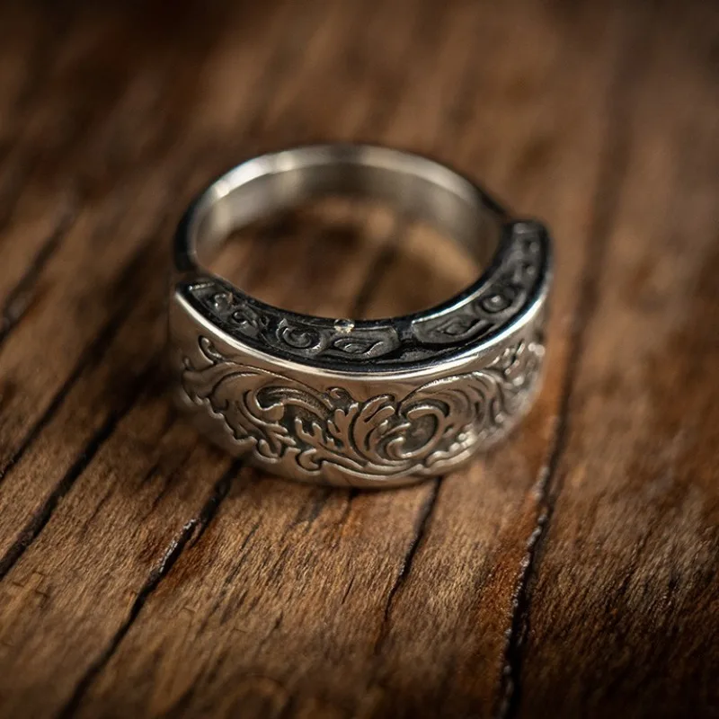 Men Plus‑Size Adjustable Open Ring Retro Dark Style Evil Eye Botanical Carved Totem Finger Ring Trendy Male Daily Party Fashion