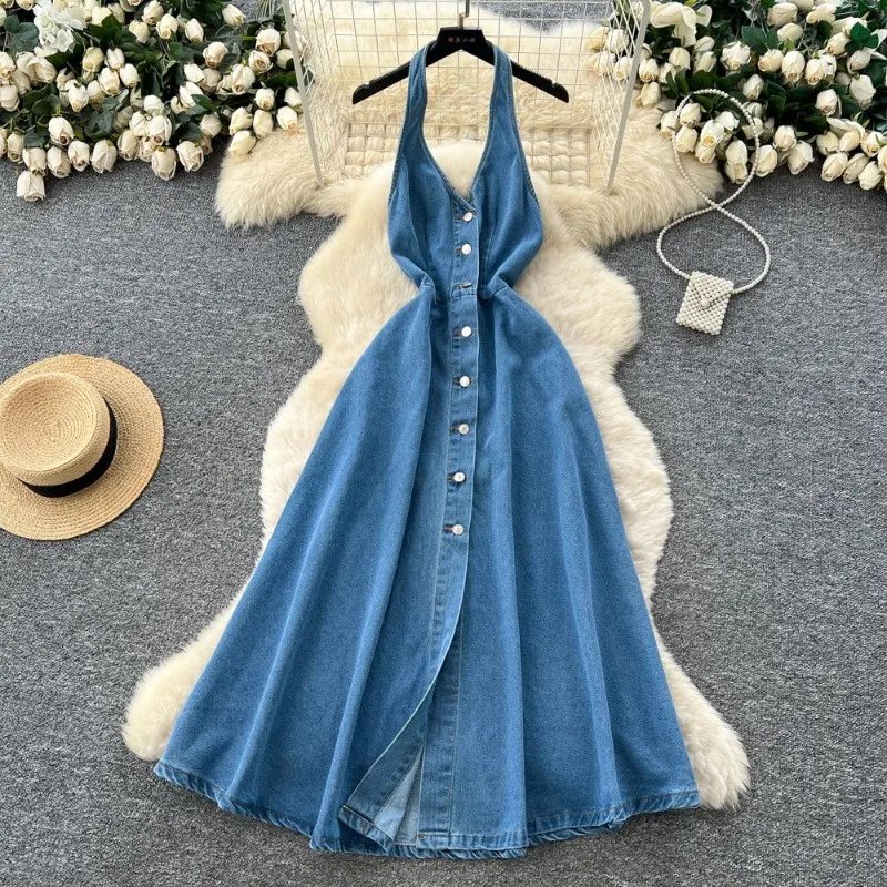 

Women's Summer Dress Denim Spaghetti Strap Halter Neck Sleeveless V-Neck Single-Breasted New Elegant Comfortable Casual Niche