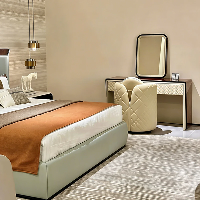 Sophisticated Wood Veneer Vanity Microfiber Leather Furniture Dressing Table Set High-End Villa & Hotel Furniture