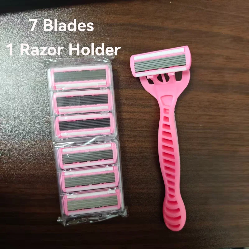 1 Handle + 7 Blades/ Men Women Manual Safety Razor 6-Layer Stainless Steel Hair Removal Shaving Replaceable Shaver Head