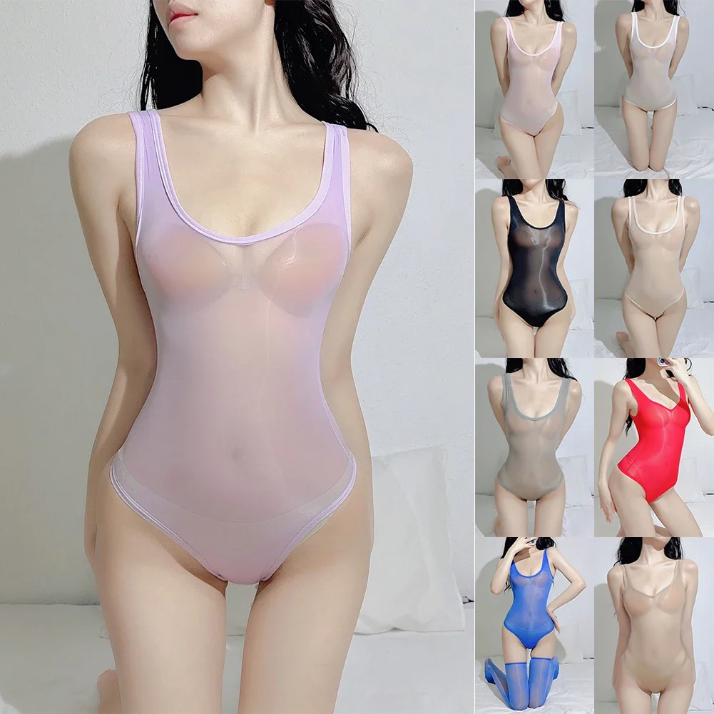 Women\'s Swimsuit Oil Shiny Glossy Bodysuit Sexy Wet Seductive Lingerie High Cut Leotard Bikini Transparent Seamless Swimwear