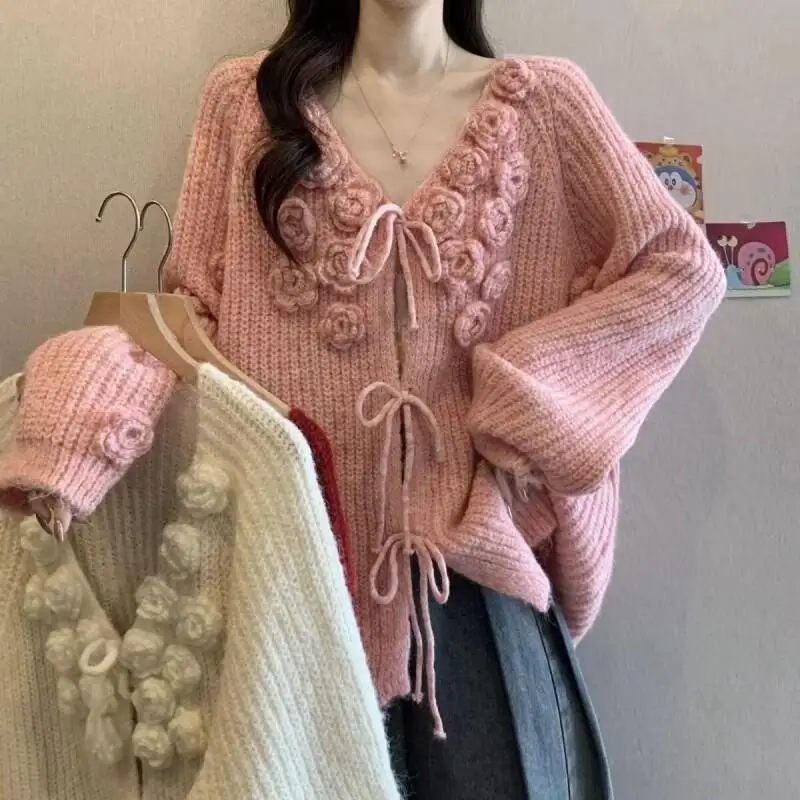 

Red Knitted Long Sleeved Cardigan Sweater, Autumn and Winter Coat, Slimming Design Three-Dimensional Flower Top Oversized Hoodie