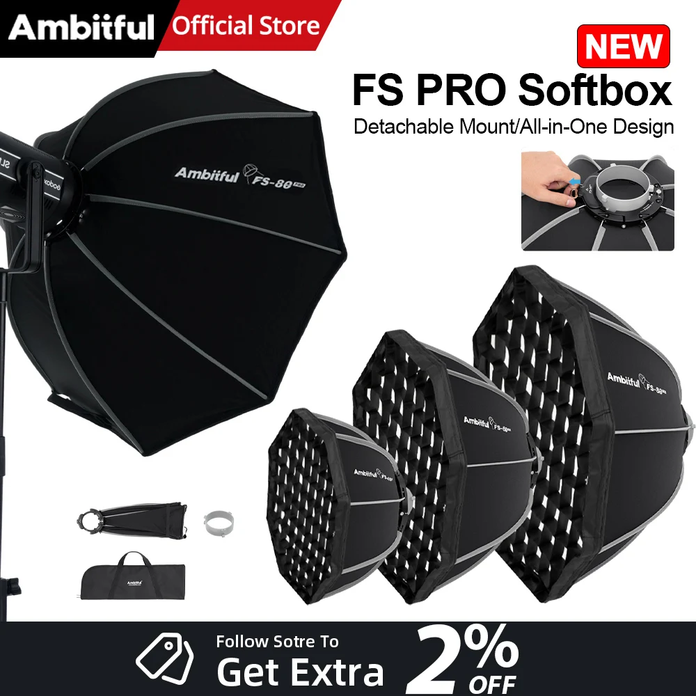 

AMBITFUL FS PRO Series FS40/60/80PRO Quick-Setup Octagon Softbox Bowens Mount for Godox Aputure Sokani Studio LED Video Light