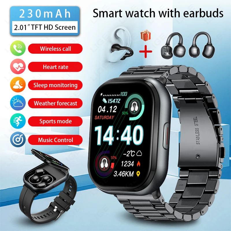 LIGE New Open-back Cip-on Headphones Smart Watch For Men Women 2.01” HD Screen Massive Watch Faces Bluetooth Call Smartwatches