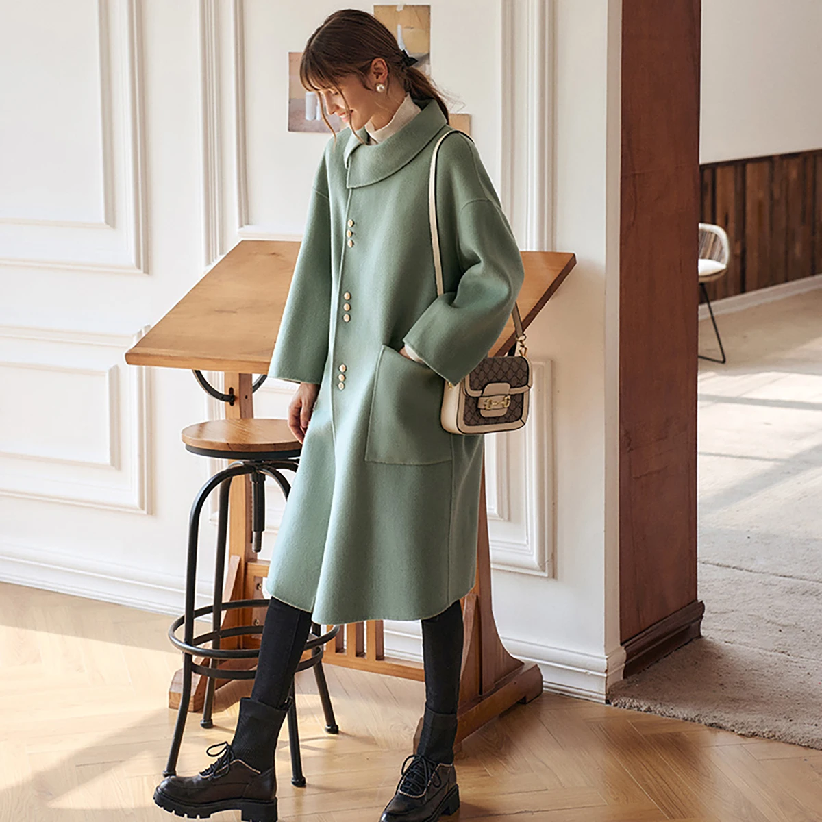 OLrain французские длинные шерстяные пальто для женщин, осень 2024, свободная шерстяная куртка с длинными рукавами, модное однотонное отложное пальто VP56DS58996