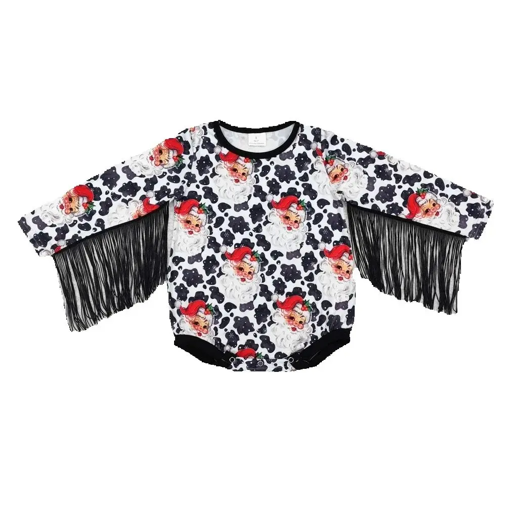 

boutique girls clothing set RTS Summer Romper Newborn Baby Girls Cow Print christmas Santa Long Sleeve Romper With Fringe sets