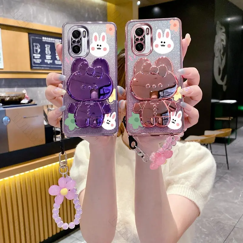 K 30 K 40 Flower Strap Mirror Rabbit Phone Holder Case On For Xiaomi Redmi K30 K30S K40 K40S K50 K60 K60E K70 K70E Stand Cover