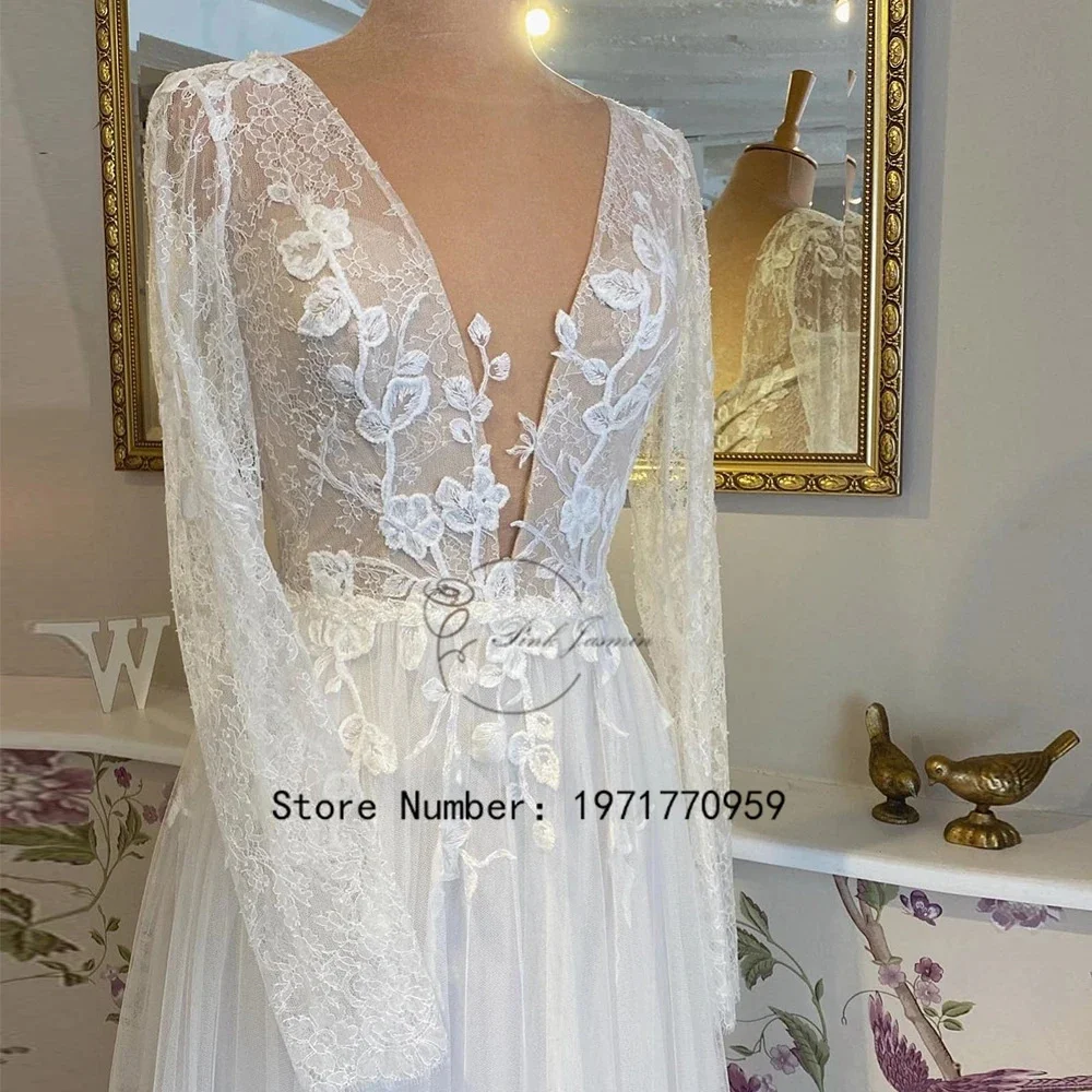 Simple Deep V Neck White Wedding Dresses For Women 2024 New A Line Lace Sweep Train Bridal Gowns Court Train High Quality Lace