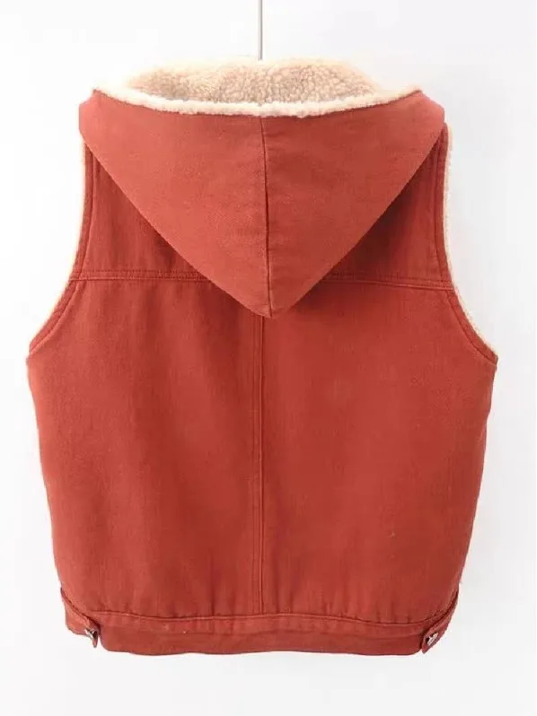 

Женский джинсовый жилет с капюшоном на подкладке из меха ягненка, маленький размер, женский модный осенне-зимний новый поступление