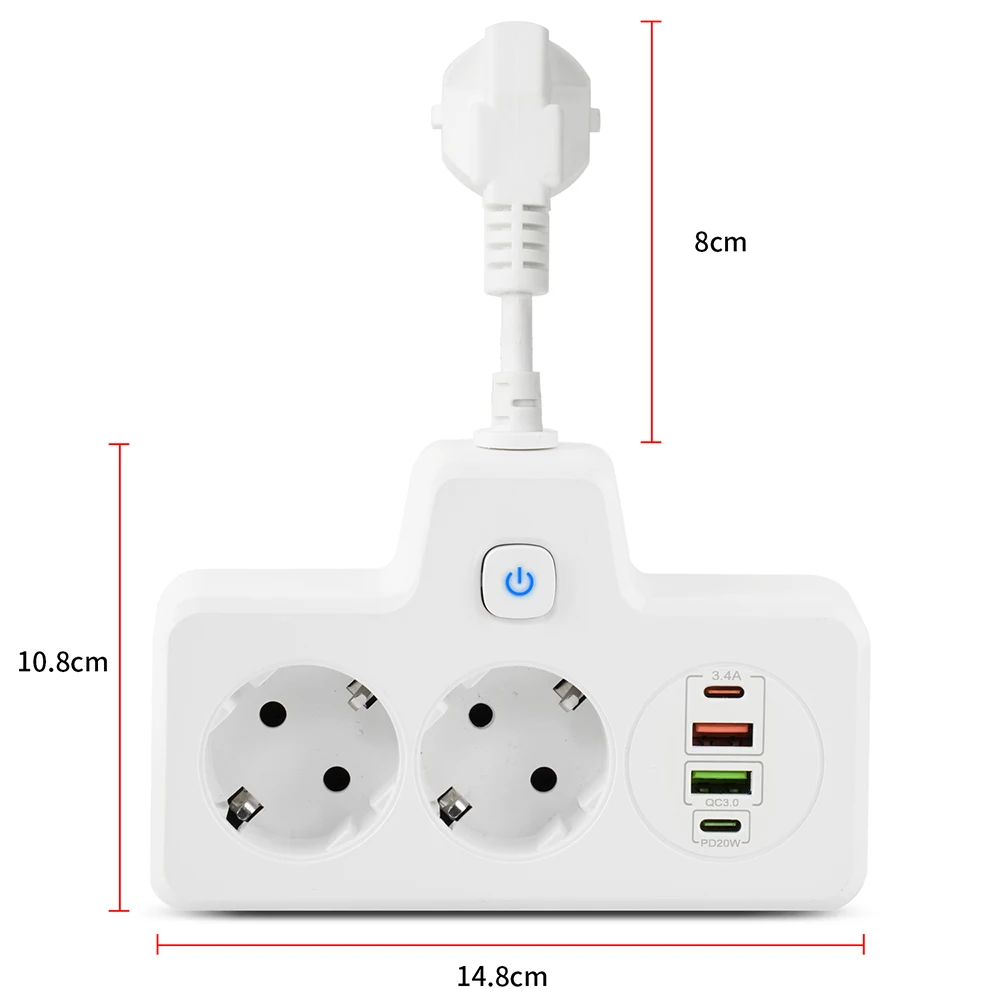 Power Strip Adapter for Europlug Wall Charger Electrical Socket WIth USB Outlets 2AC Wall Socket Extension Cord With Switches