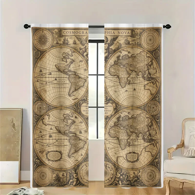 Decorative Vintage World Map Curtain Drape Global Cosmogrophia Window Treatment Nautical Antique Boho Kitchen Decor Blueprint Fi