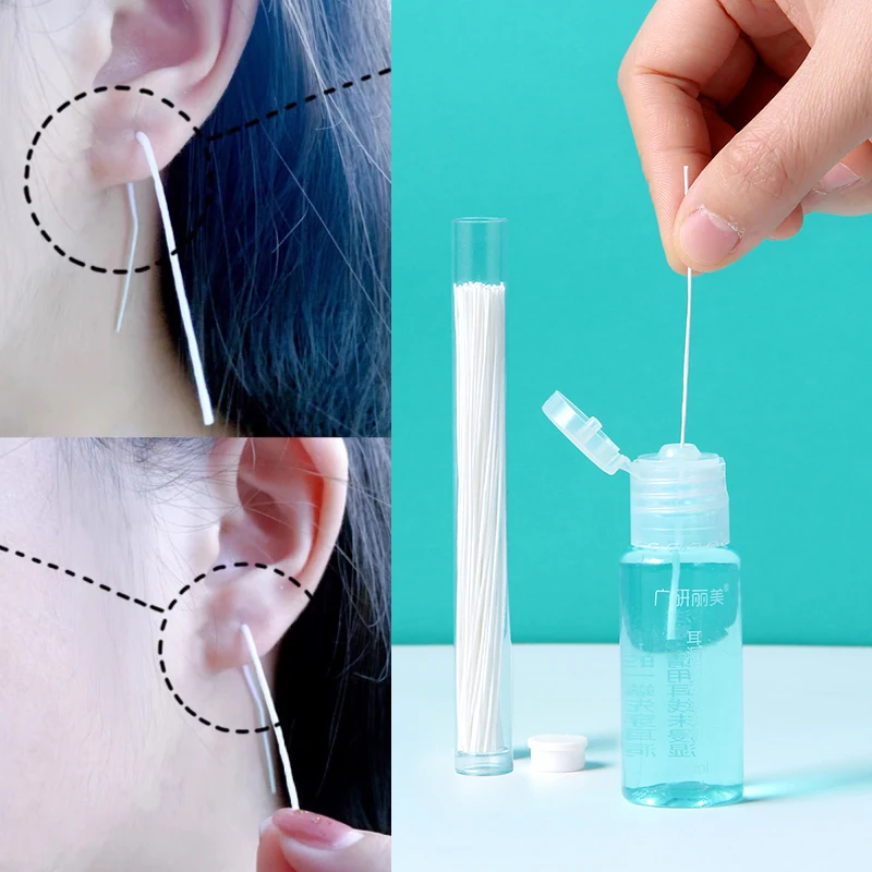 70Pcs Pierced Ear Cleaning Set Herbal Fresh Mint Solution Dental Floss Ear Hole Aftercare Tool Kit Earrings Hole Cleaner 25ml