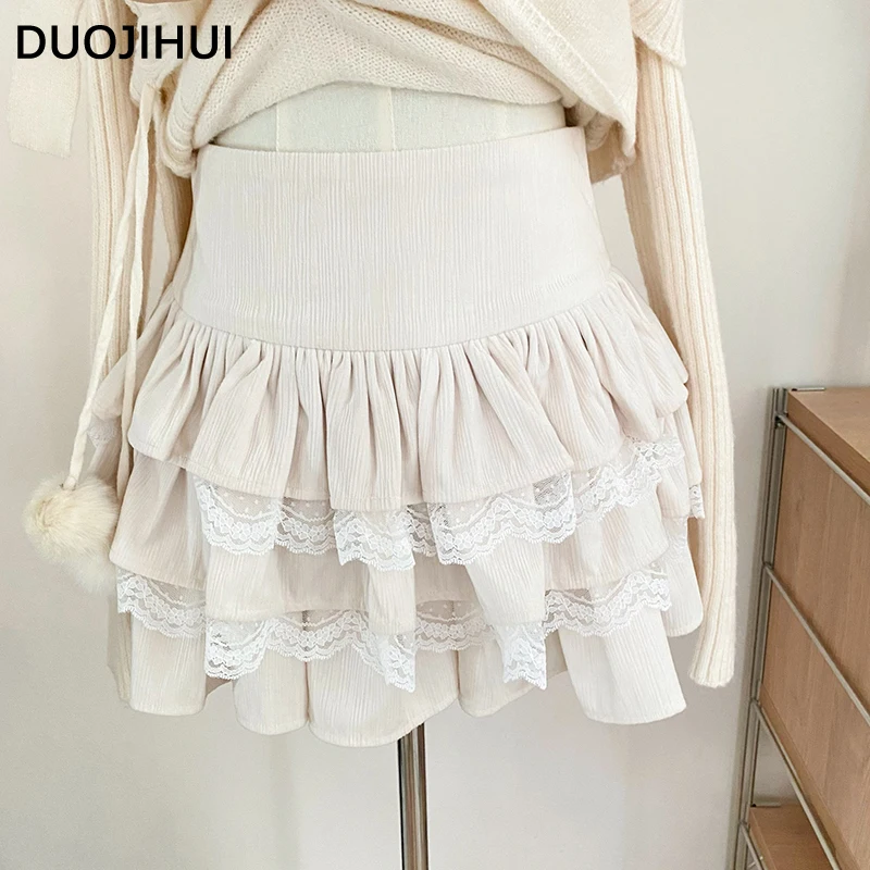 DUOJIHUI Chicly High Waist Spell Lace Female Skirts Autumn New Basic Simple Casual Fashion A-line Solid Color Women Mini Skirts