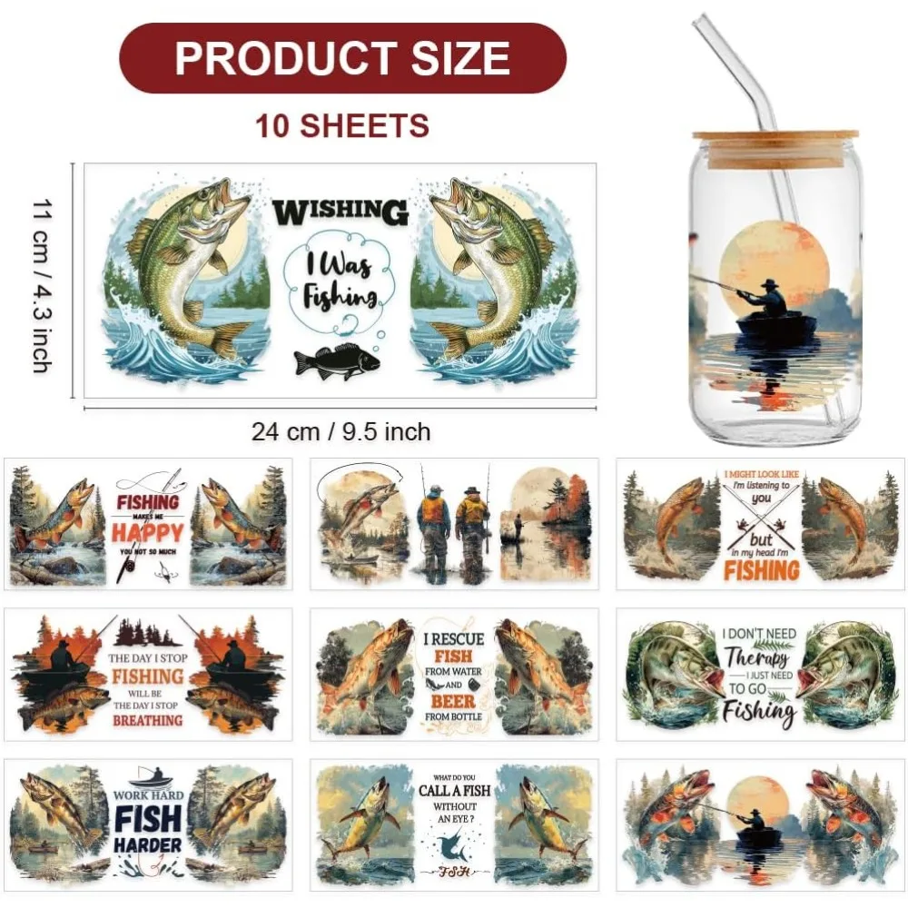 10 Sheets UV DTF Cup Wraps 10 Styles Cartoon Rub on Decals Fishing Make Me Happy Waterproof Transfer Stickers for making kit