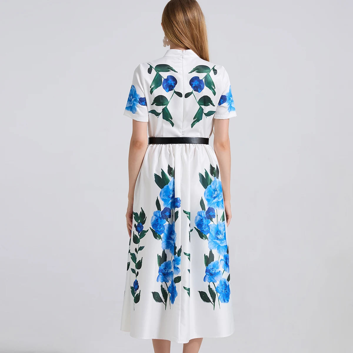 Letnia nowa koszula z nadrukiem Wąskie sukienki damskie Stójka Wysoka talia Krótki rękaw A-Line Długa sukienka Moda Party Sukienka z paskiem