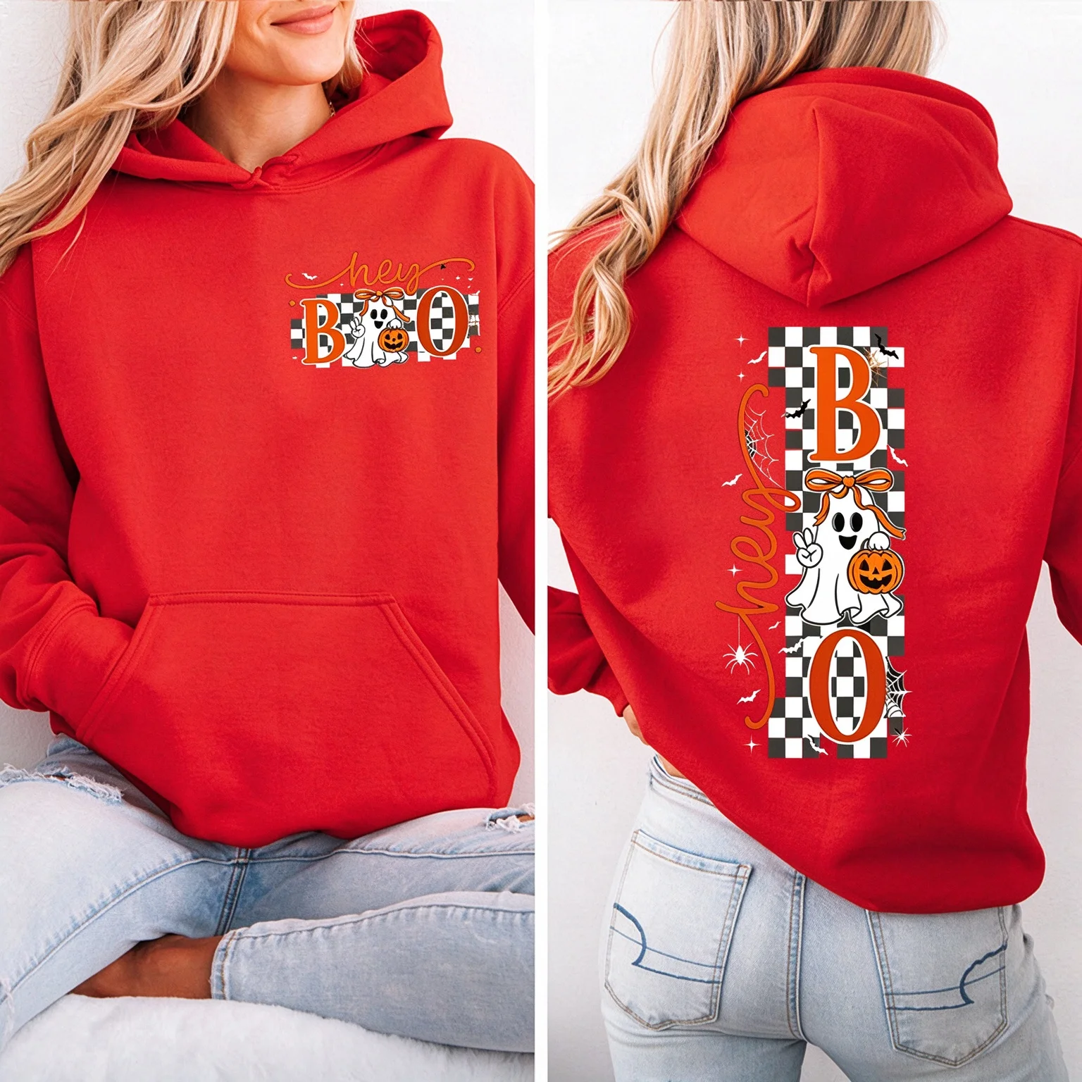 Cute Hey Boo Ghost Bow Women Hoodies Halloween Pumpkin Bat Spider Graphic Sweatshirts Long Sleeve Casual Hoody Tops for Party