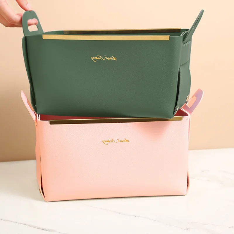 Desktop finishing PU leather storage box household foldable cosmetic storage basket with handle sundry Key Coin decorative plate