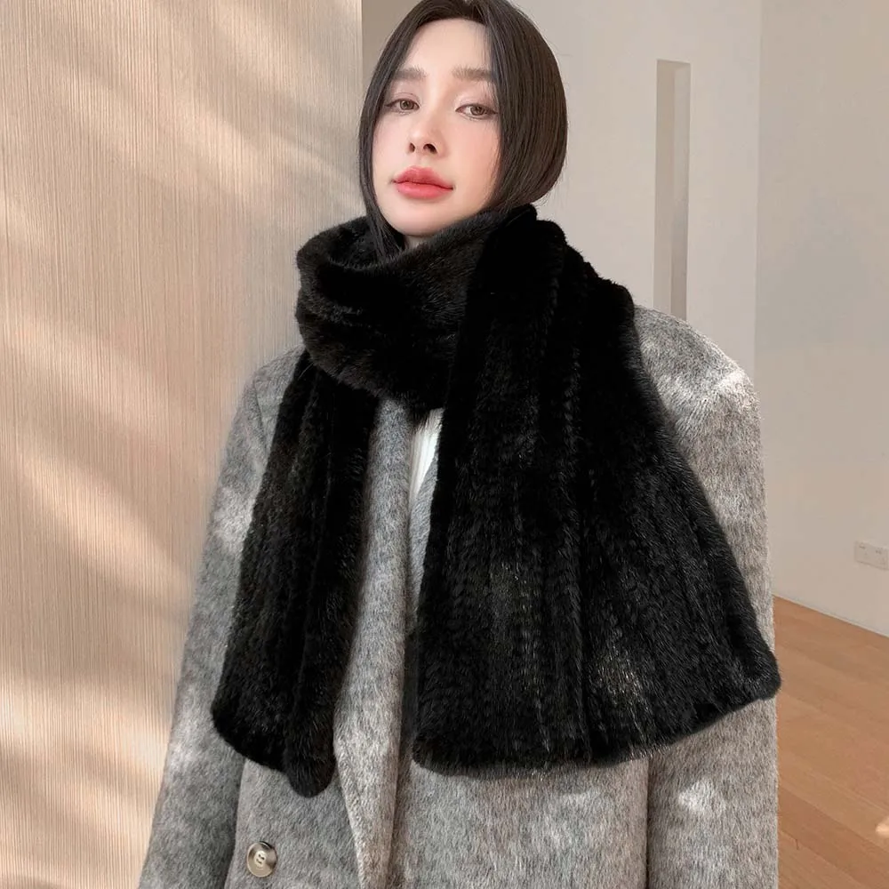 

2025 Women's Real Mink Fur Scarf Winter Warm Neckerchief Mufflers Double Sides Scarves Black