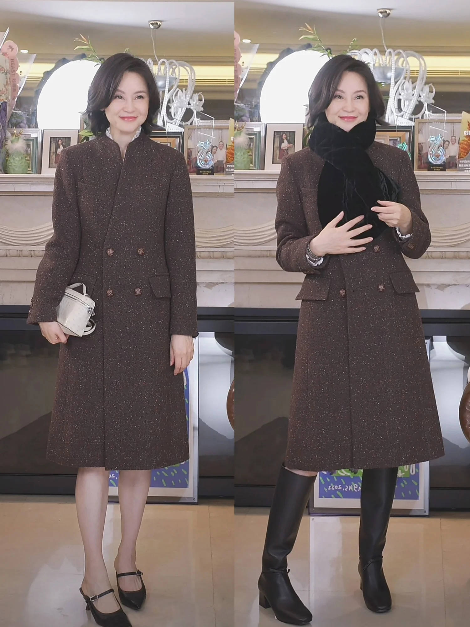 

Ele Woolen Coat 60s Sle Polka Dot Waist-Cinching Double-Breasted Modern Retro Ele Long Sve Mid-Length Coat