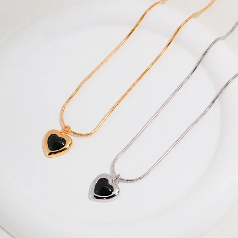 

High Quality 925 Silver Gold Color French series Black Onyx Texture Pendant Heart Necklace for Women Gift