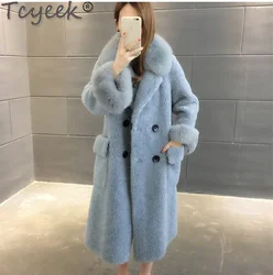 Tcyeek 100% Wool Jacket Warm Fox Fur Collar Fashion Sheep Shearling Coats Winter Jackets for Women Mid-length Women's Fur Coat