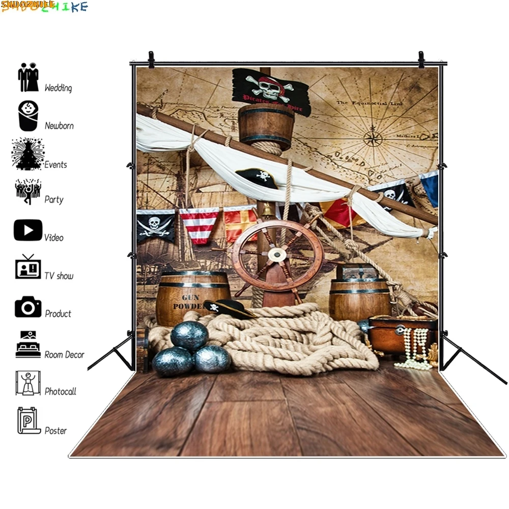 

Birthday Backdrops For Photography Pirate Ship Deck World Map Party Baby Child Portrait Photo Backgrounds Photocall Photo Studio
