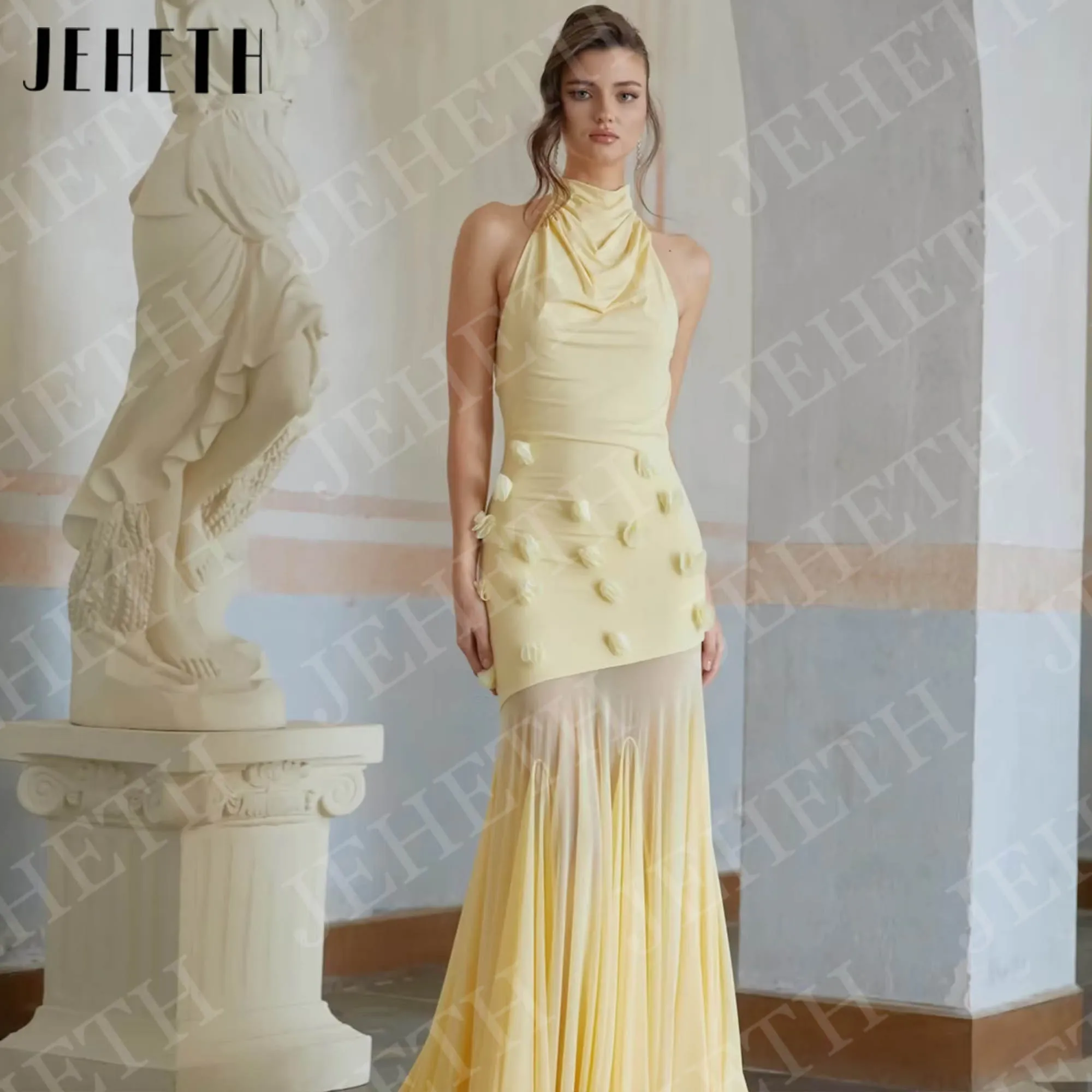 JEHETH Geel Zeemeermin Avondjurken Lange Galajurk Vrouw Halter Hals 3D Bloemen Feestjurk Mouwloos Aangepaste فسات musica