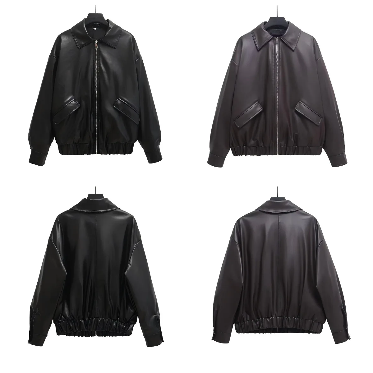 

KIDCRKJ Chic Women Spring Faux Leather Coat Turn Down Collar Elastic Hem Motorcycle Jacket For Lady Office Commuting Female Coat