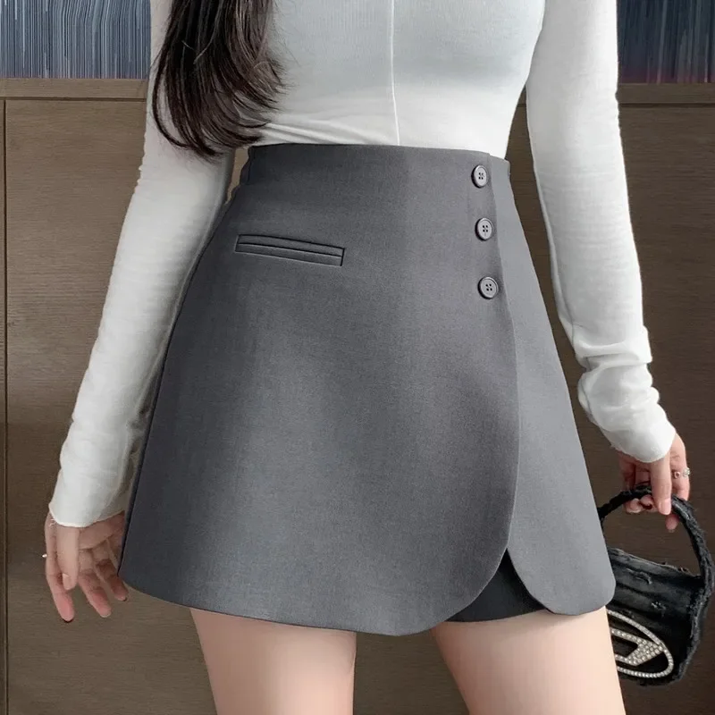 Gray Office OL Womens Skirts Shorts With Button 2024 Fall High Waist Suits Fabric Short Trousers Femme