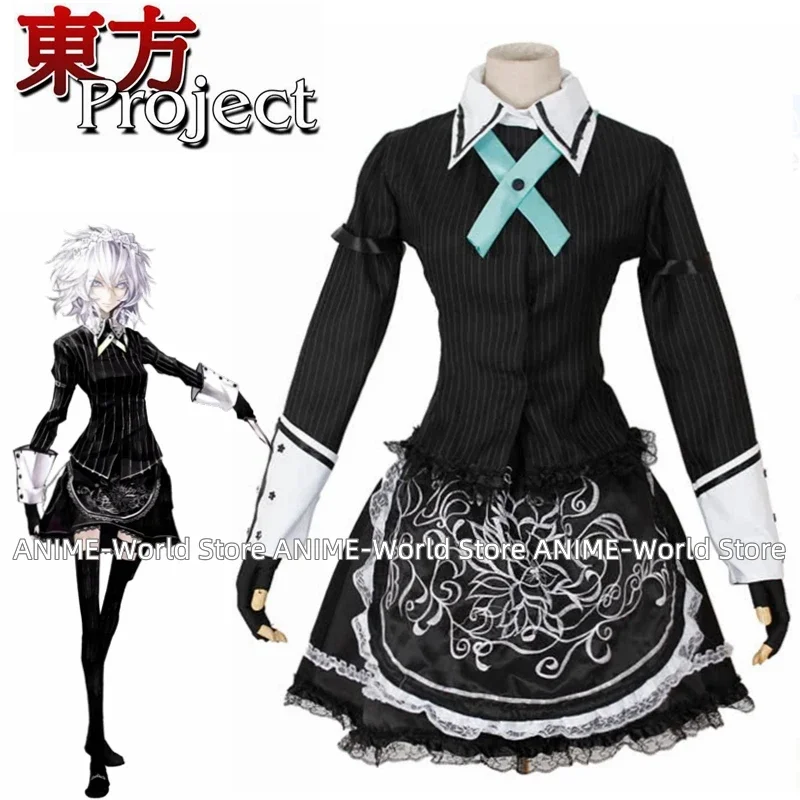 

Cos Touhou Project Izayoi Sakuya Anime Cosplay Costume For Woman Halloween Cosplay Costume Top+skirt+apron+headwear+tie+leggings