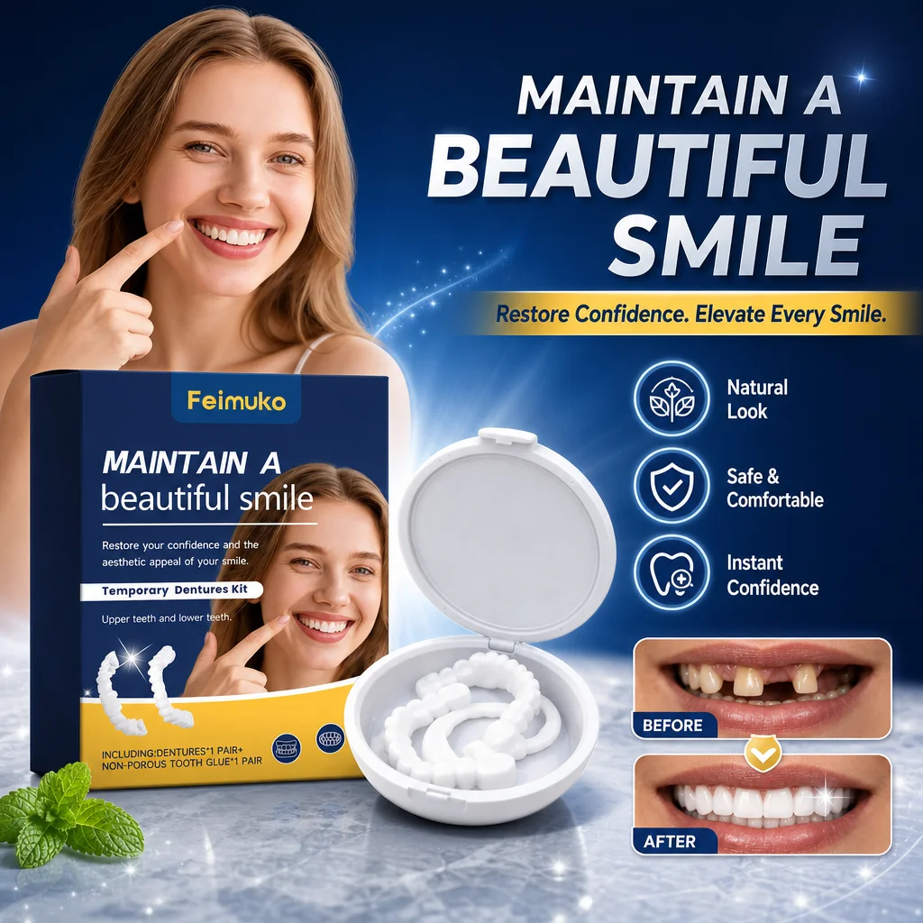 Adjustable Denture Kit Temporary Denture Cosmetic False Teeth Upper Lower Set Natural Smile Teeth Snap On Denture Portable