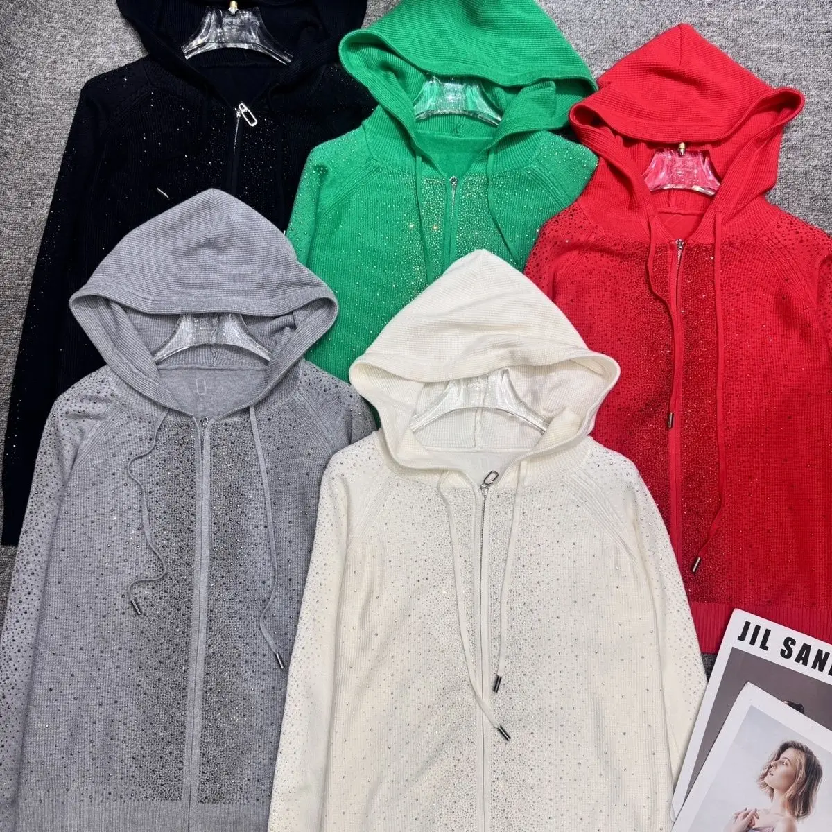 

Chic Woman Starry Diamonds Beaded Hooded Jacket Hot Drilling Zipper Coat Shiny Sequins Cardigan Crystal Outwear Long Sleeve Tops