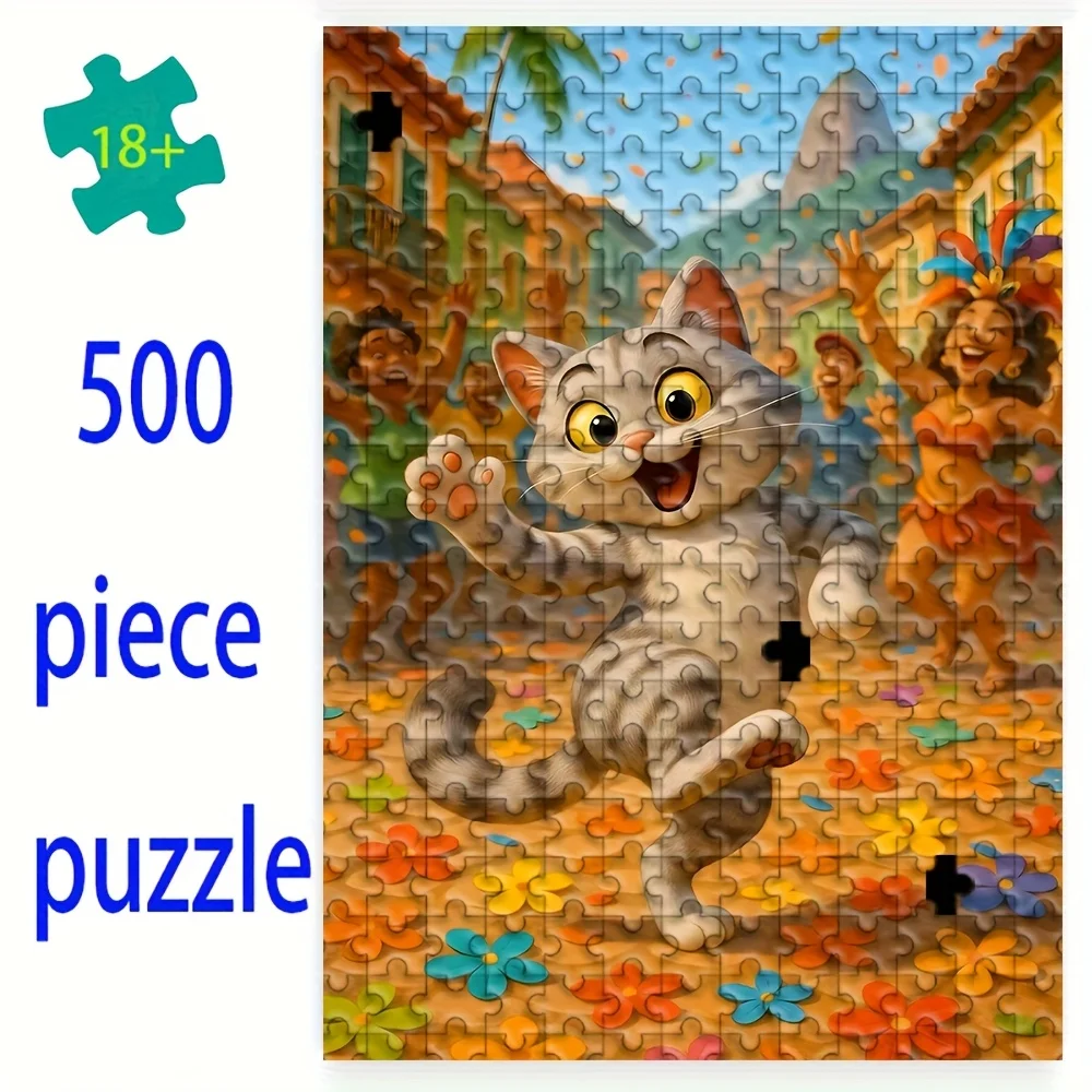 Festliches Karnevalspuzzle mit Katze in Rio-Straßenszene, Puzzle für Erwachsene, fröhliches Thema, geistiges Spiel, Heim- und Freizeitdekoration, Puzzle-Spielzeug