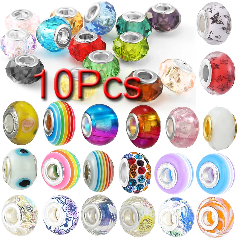 10Pcs/Lot Murano Crystal Glass Large Hole Beads Charms Fit Handmade DIY Bracelets Necklaces For Women Men Jewelry Wholesale