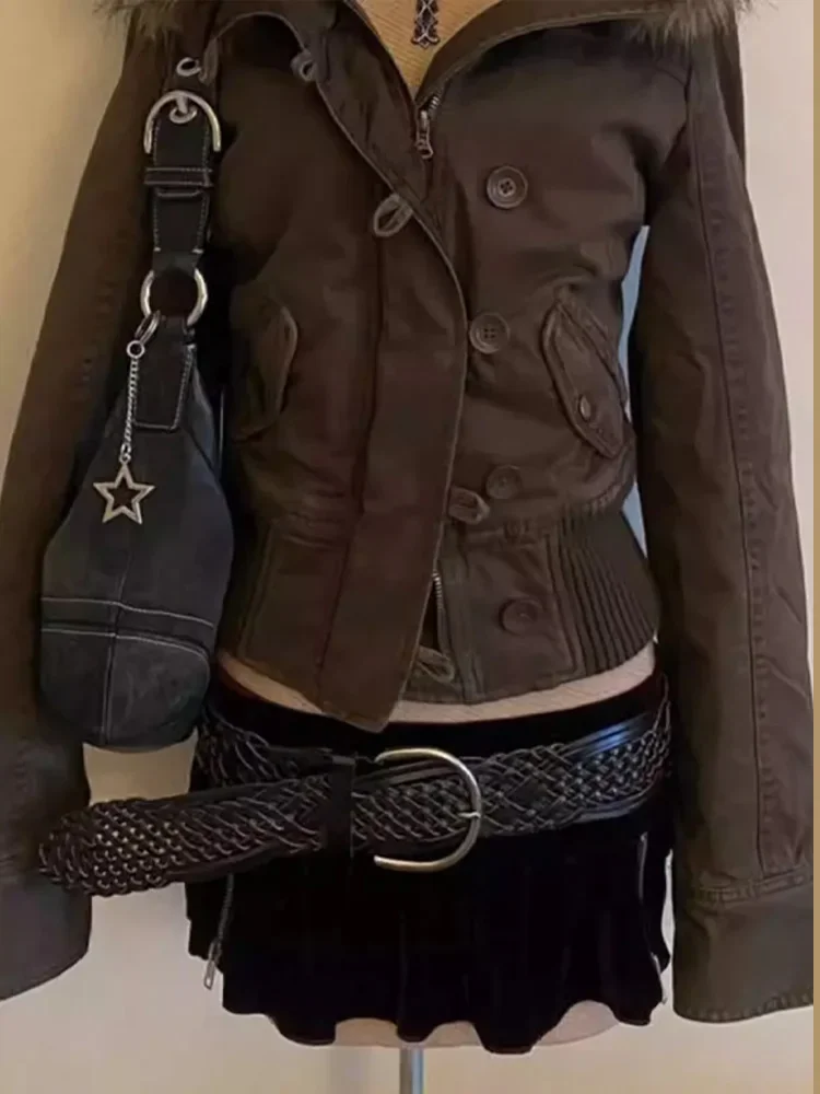 Herbst Winter Vintage Braun Kurze Kapuze Jacke frauen Volle Hülse Schlank Abnehmbare Pelz Kragen Warme 2025, NEUE Weibliche Y2k outwears – Detail 7