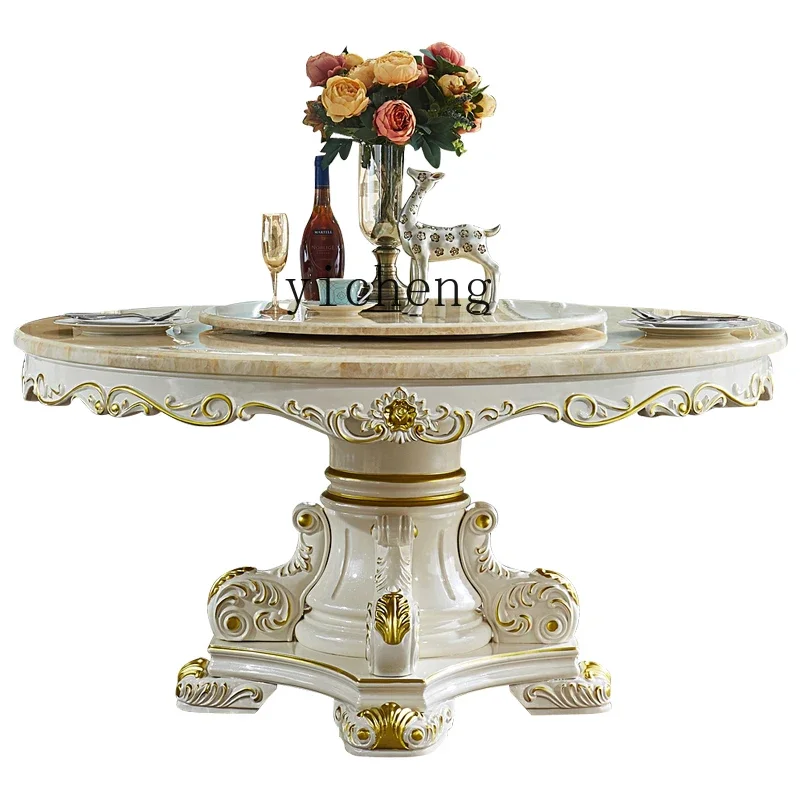 TQH round table all solid wood marble dining table and chair combination hotel clubhouse with turntable electric American