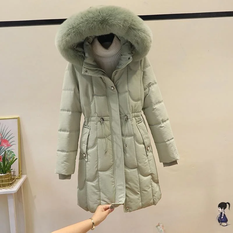 Women's Mid-Length Detachable Hood down Cotton Jacket Waist-Cinching Winter Coat Korean Style Loose Fit Polyester Fabric