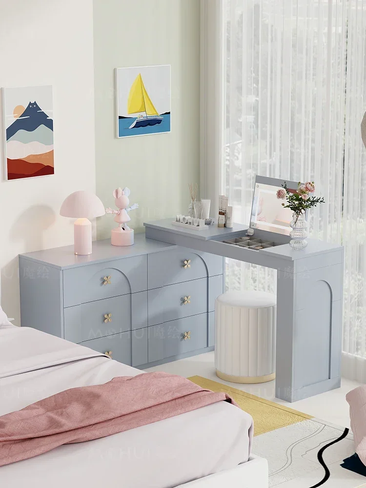 Pink Flip Dressing Table Chest of Six Drawers Integrated Storage Cabinet Bedroom Tailstock Corner Desk