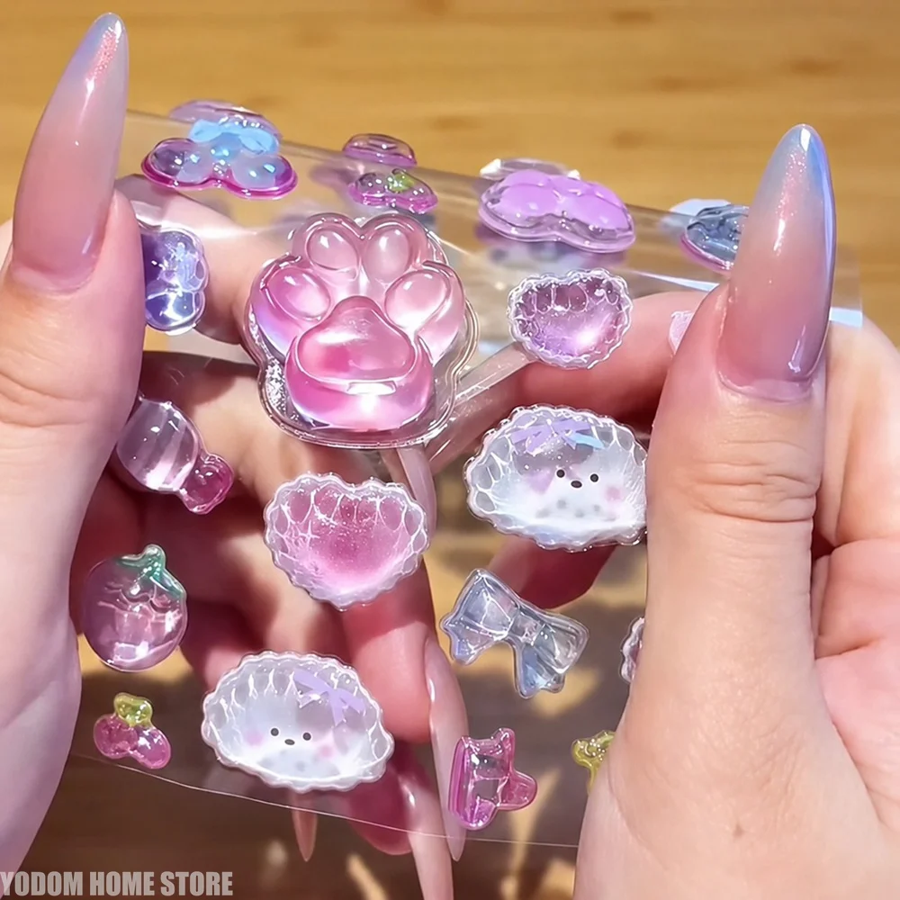 3D Raised Crystal Cat Paw Squishy Stickers Decompression Cartoon Stickers DIY Decor For Water Cup Phone Cover Student Supplies