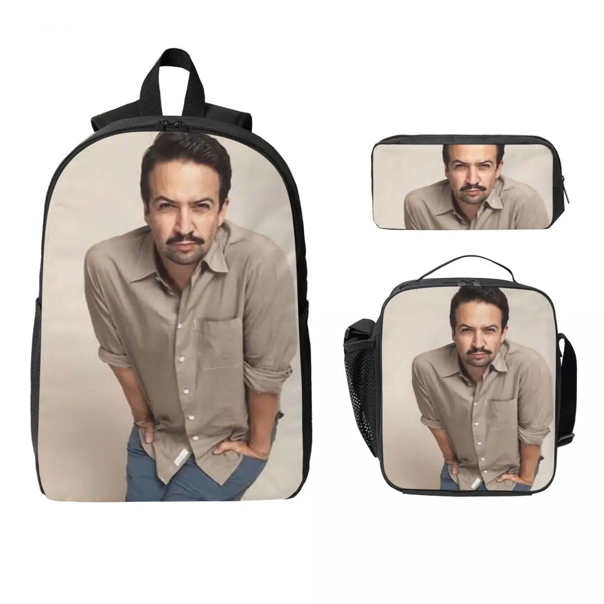 

Quirky Lin Manuel Miranda Backpack Student BookBag School Bag Laptop Shoulder Bags 3ps Insulated Lunch Bag Pencil Case