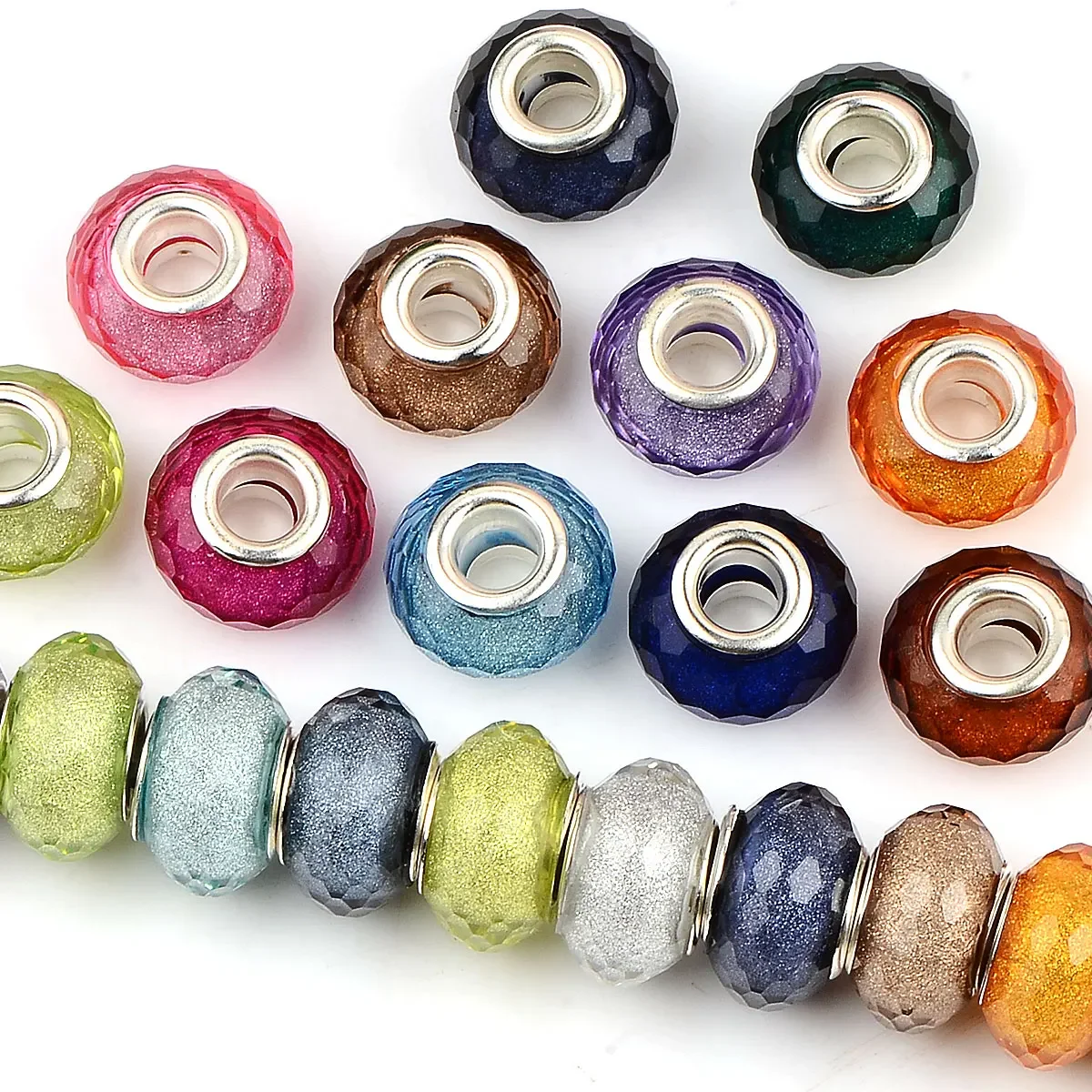 15pcs 0.8x1.4cm Random Color Mix Glitter Powder Tangent Plane Acrylic Beads Material Flat Round Big Hole DIY Accessories