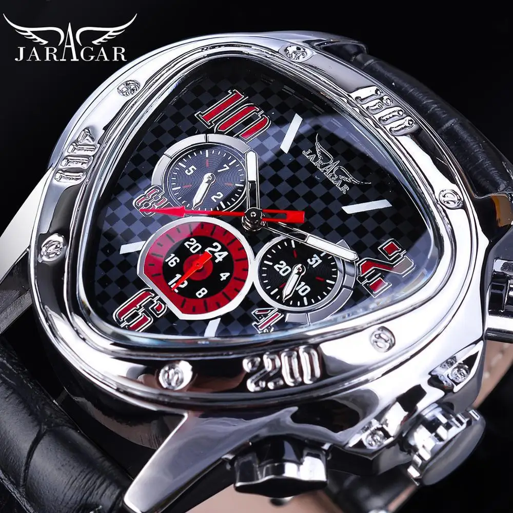 Jaragar Men's Automatic Mechanical Watch Triangular Dial Week & Date Display Genuine Leather Strap Geometric Design Fashion