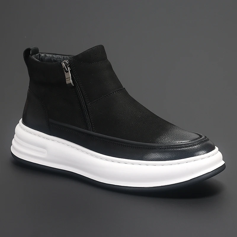 

British New Leather Men's Shoes Thick Sole Casual High Top Board Shoes Round Head Short Male Boots Fashion Men's Fashion Shoes