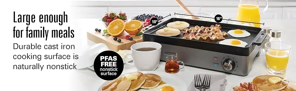 Description Picture 3 of itemBeach Professional Cast Iron Indoor Electric Grill & Griddle, 10" x 16" Preseasoned Cooking Surface, Adjustable Temperature up t