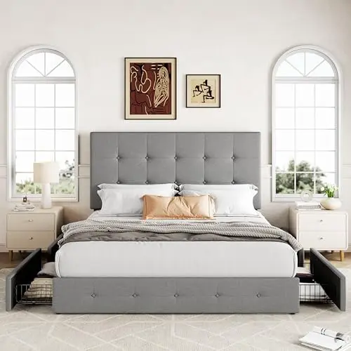 Upholstered Queen Size Platform Bed Frame with 4 Storage Drawers and Headboard, Square Stitched Button Tufted, Mattress - view 3