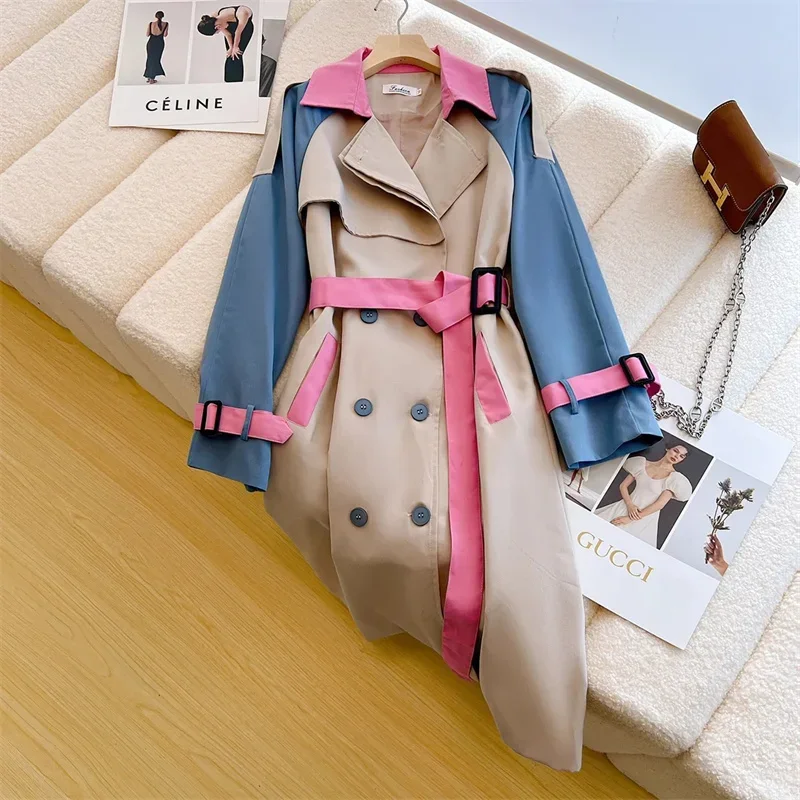 Spring Women Patchwork Contrast Color Windbreaker With Belt Double-breasted Long Sleeve Pink Yellow Loose Mid-Length Trench Coat