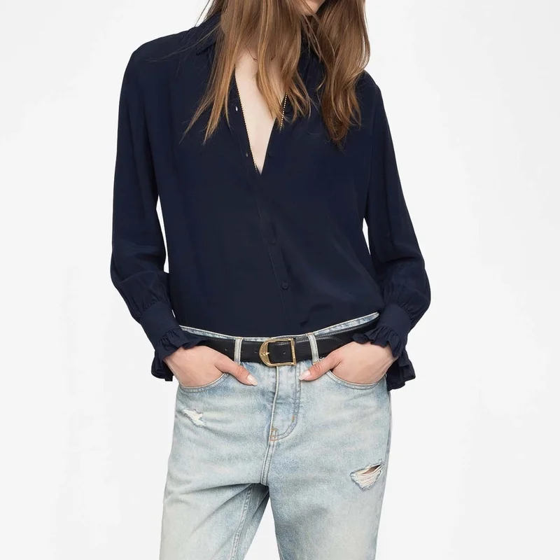 

Navy Shirt Women Lapel Button Blouse Loose Long Sleeve Tops Zadig Female Shirts Back Wing Embroidery Blouses 2025 Summer New Top