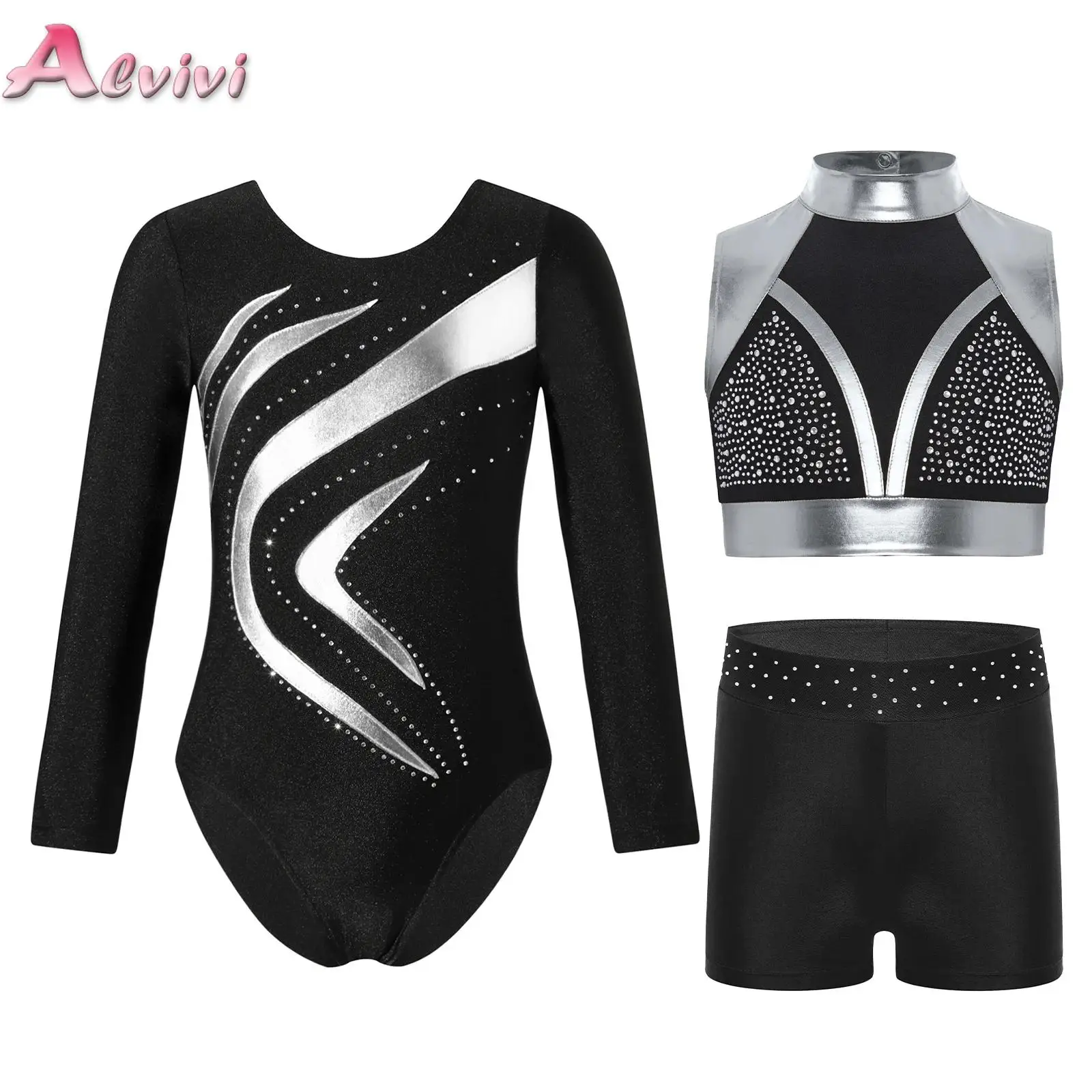 

3Pcs/Set Kids Girls Gymnastics Outfit Sleeveless Cutout Rhinestones Sports Crop Top with Shorts Ballet Dance Leotard Yoga Suit